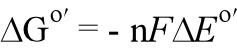 Nernst equation showing that free energy change for a redox reaction is proportional to the change in reduction potential
