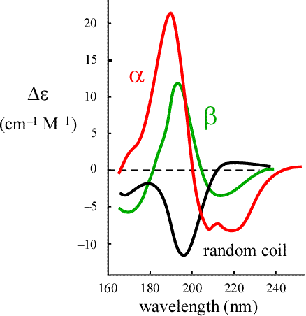 The CD spectra of alpha-helical, beta-sheet, and random coil polypeptides