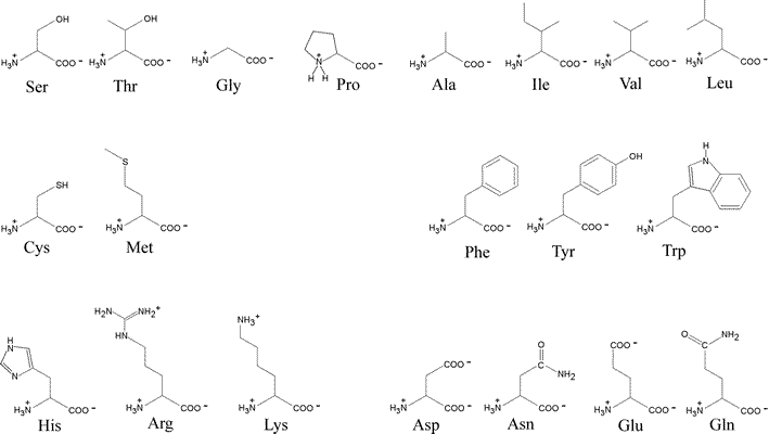 The structural formula for each of the set of 20 "standard" amino acids