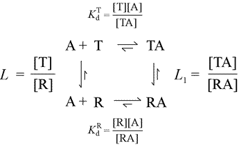 Diagram of ligand binding to protein modelled by two states, T (low affinity) and R (high affinity)