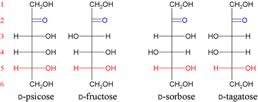 Structural formulas (Fischer projection) for the four ketohexoses based on DHA and D-glyceraldehyde stereochemistry