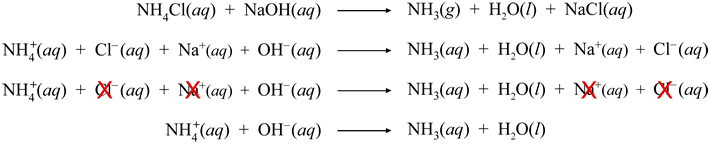 Chemical equations for the reaction between a strong base and an ammonium salt, 
			 showing the derivation of the net ionic equation