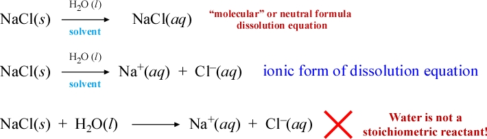 molecular/neutral formula unit form, ionic form, and example of incorrect form of the dissolution equation for sodium chloride in water