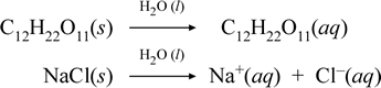 Chemical equations for the dissolution of a nonelectrolyte (sucrose, C12H22O11) and an electrolyte (sodium chloride, NaCl)