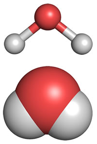 Two representations of the water molecule, ball-and-stick, and space-filling